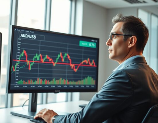 Financial analyst reviews AUD/USD forecast chart showing path to 0.75 level.