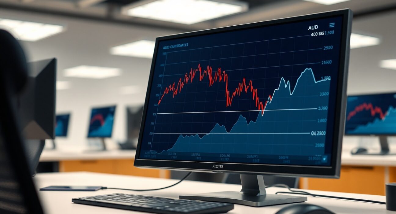 AUD/USD forecast chart showing a decline toward the 0.70 level on a financial terminal.