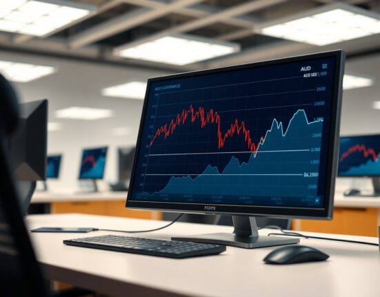 AUD/USD forecast chart showing a decline toward the 0.70 level on a financial terminal.