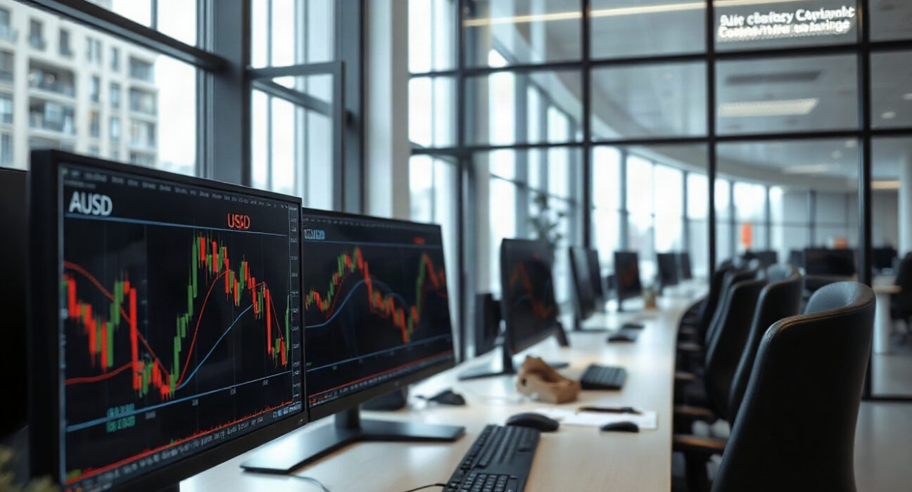 AUD/USD price chart on trading screens in a professional forex trading environment