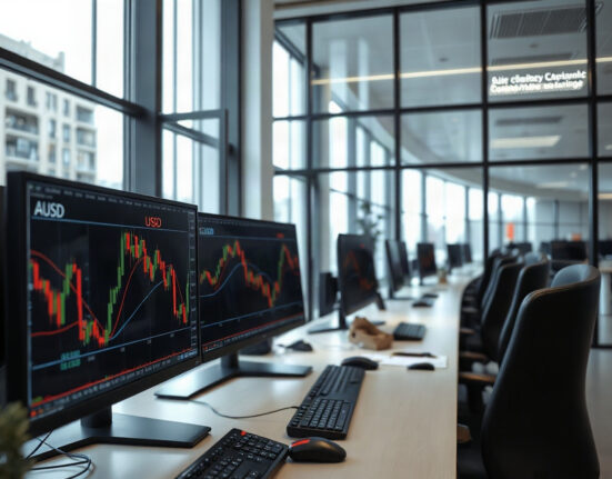 AUD/USD price chart on trading screens in a professional forex trading environment