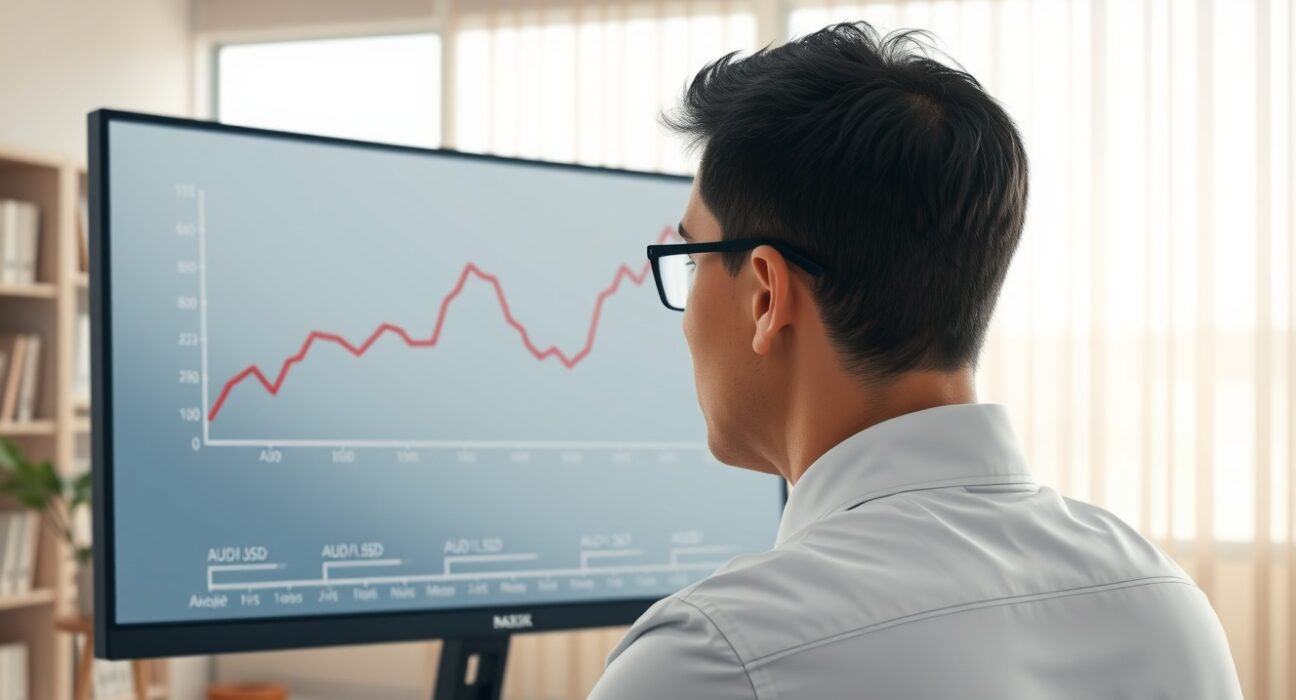 Financial analyst reviewing AUD/USD forecast chart predicting a return to 0.71.