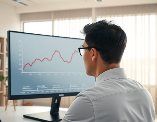 Financial analyst reviewing AUD/USD forecast chart predicting a return to 0.71.