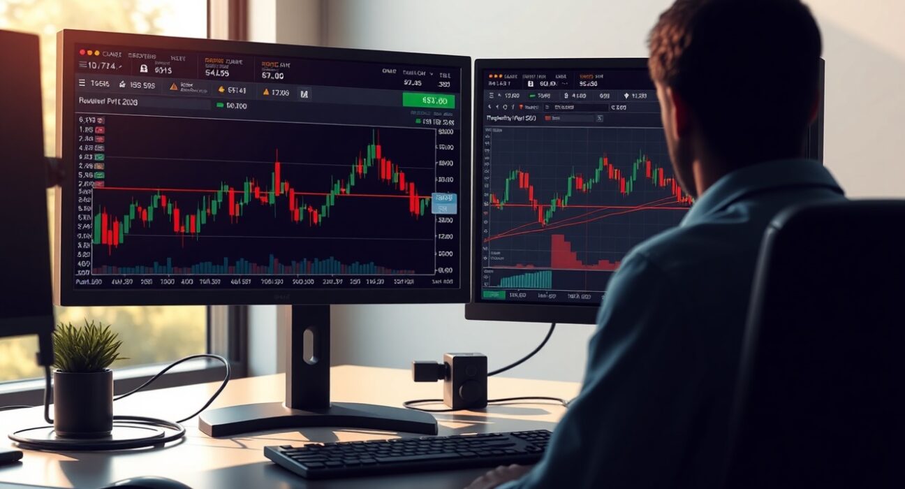 AUD/USD price forecast analysis showing technical charts and RSI indicator on trading desk monitors
