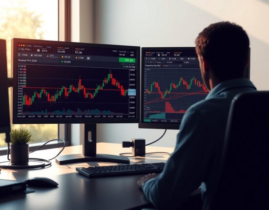 AUD/USD price forecast analysis showing technical charts and RSI indicator on trading desk monitors