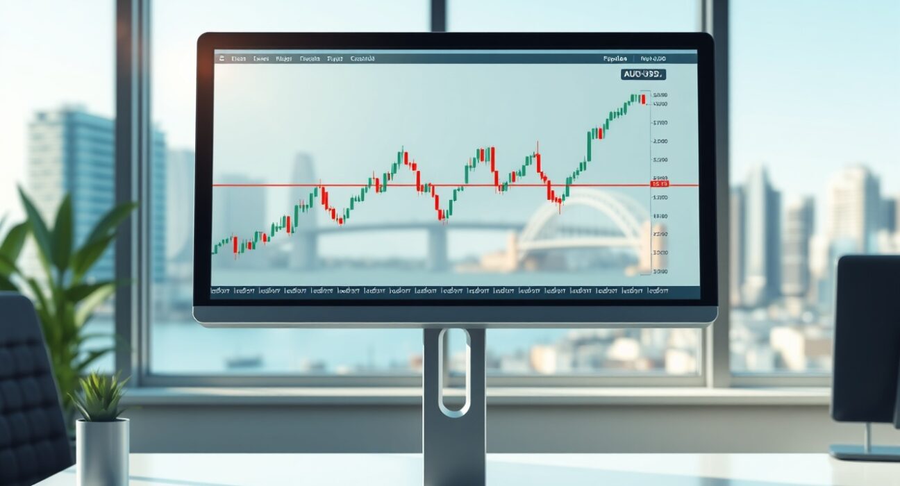AUD/USD price forecast analysis showing the currency pair approaching key technical resistance on a trading desk chart.