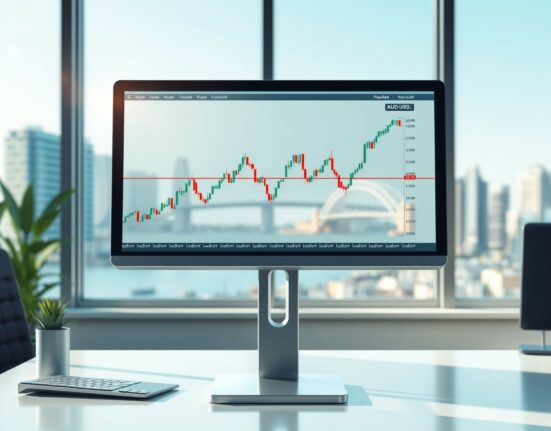 AUD/USD price forecast analysis showing the currency pair approaching key technical resistance on a trading desk chart.