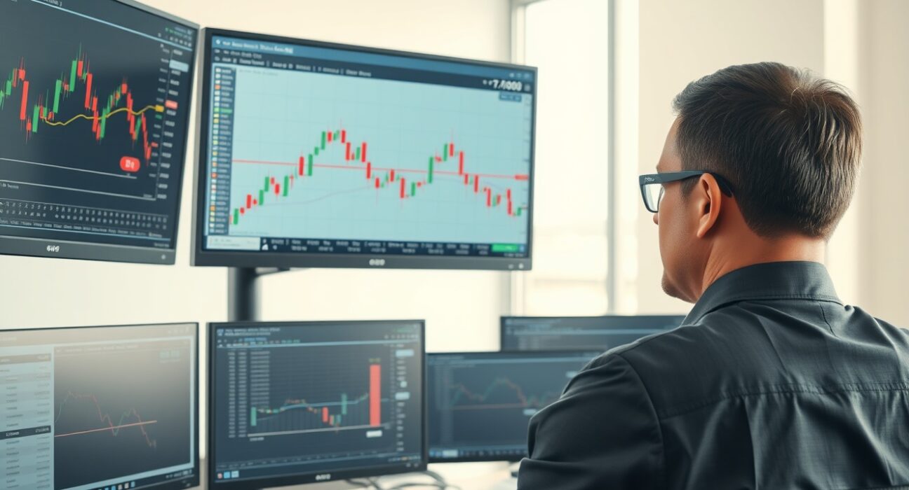 Forex trader analyzing AUD/USD chart trading below the 0.7100 resistance level.