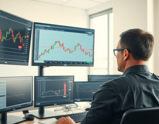 Forex trader analyzing AUD/USD chart trading below the 0.7100 resistance level.