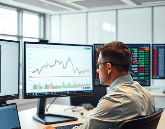 Financial analyst reviews AUD/USD forecast chart showing key resistance levels.