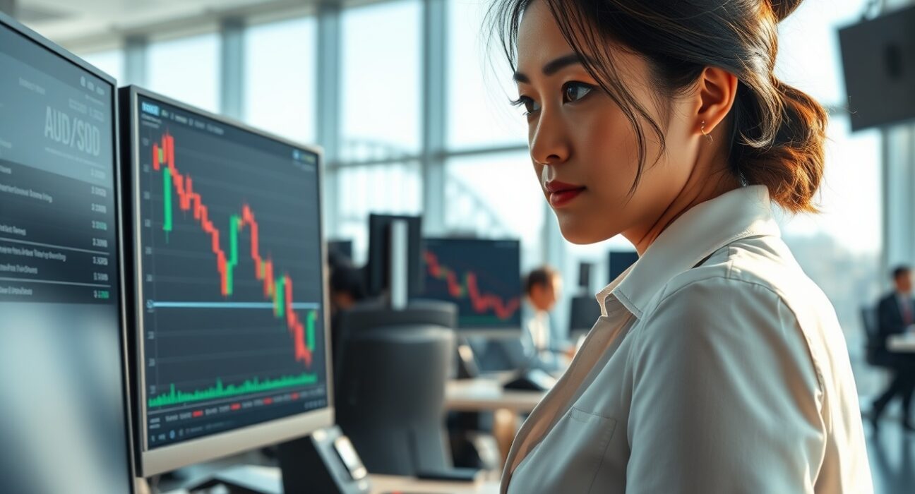 Trader analyzes AUD/USD forex chart ahead of Kevin Warsh's Federal Reserve confirmation hearing.