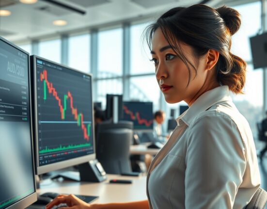 Trader analyzes AUD/USD forex chart ahead of Kevin Warsh's Federal Reserve confirmation hearing.