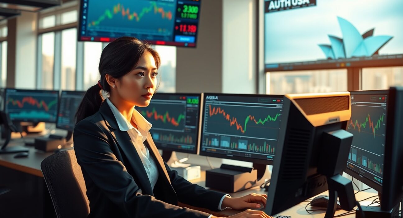 Trader analyzing AUD/USD forex charts amid rising risk appetite driving Australian dollar gains.