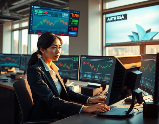 Trader analyzing AUD/USD forex charts amid rising risk appetite driving Australian dollar gains.