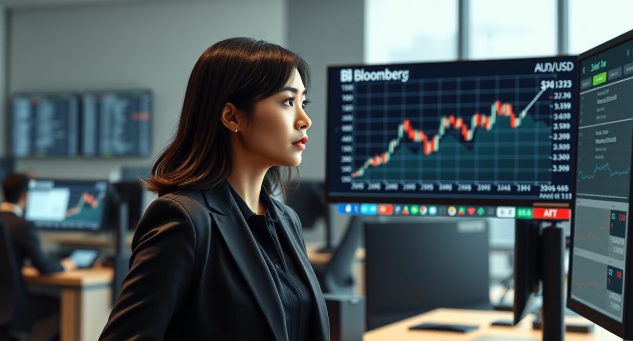 Trader analyzes AUD/USD forex chart surge following US-Iran ceasefire news impacting US Dollar.