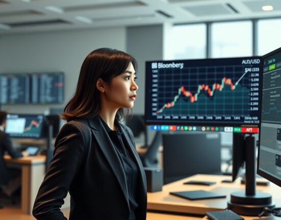 Trader analyzes AUD/USD forex chart surge following US-Iran ceasefire news impacting US Dollar.