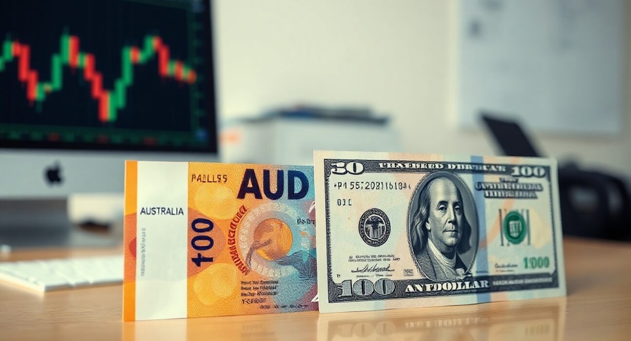 Australian Dollar and US Dollar banknotes on a desk, representing AUD/USD currency analysis.