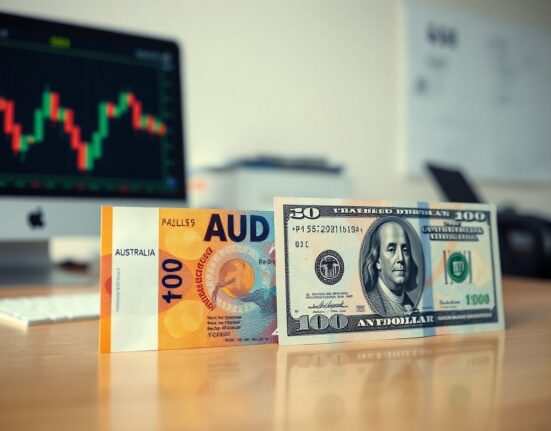 Australian Dollar and US Dollar banknotes on a desk, representing AUD/USD currency analysis.