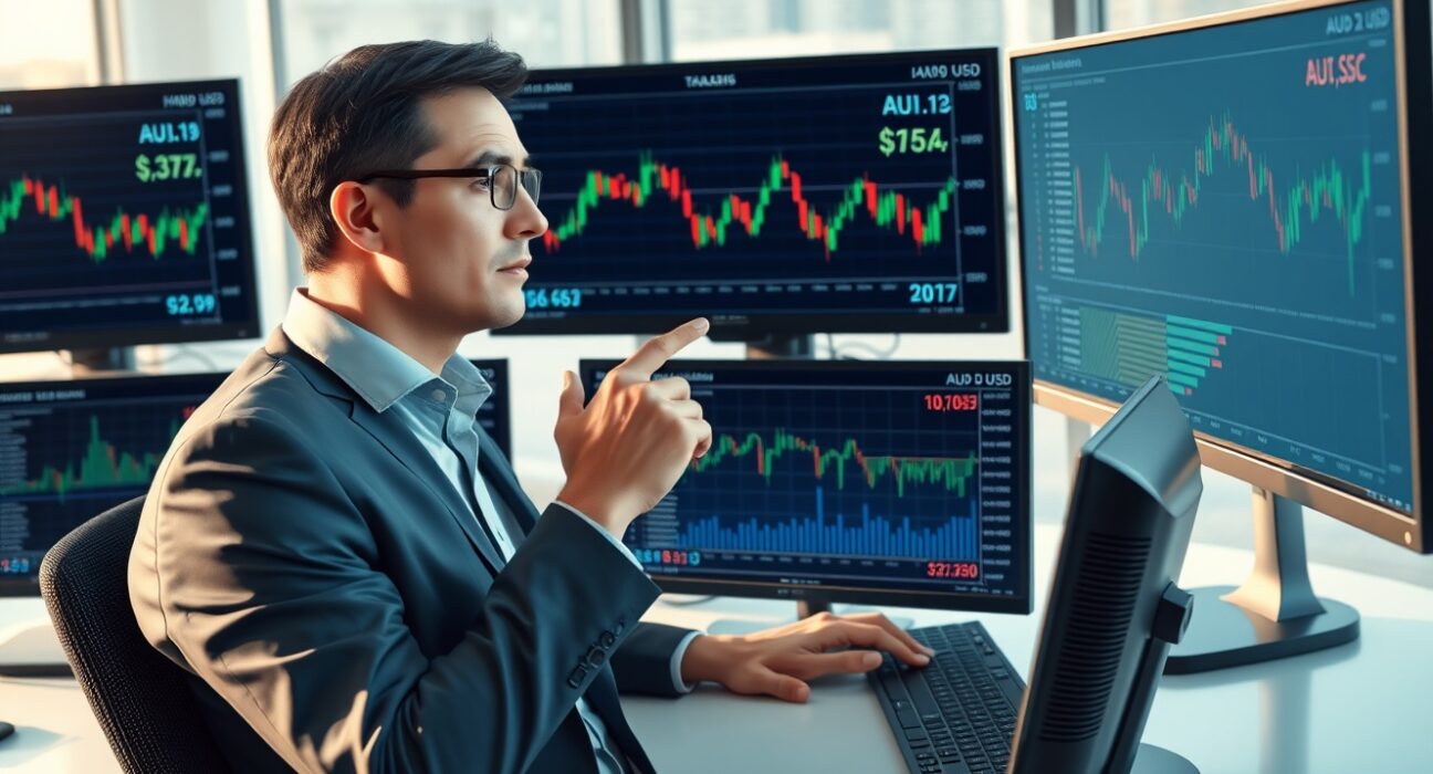 Financial analyst examining AUD/USD currency charts and data in professional trading environment