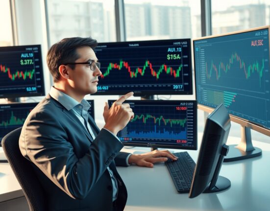 Financial analyst examining AUD/USD currency charts and data in professional trading environment