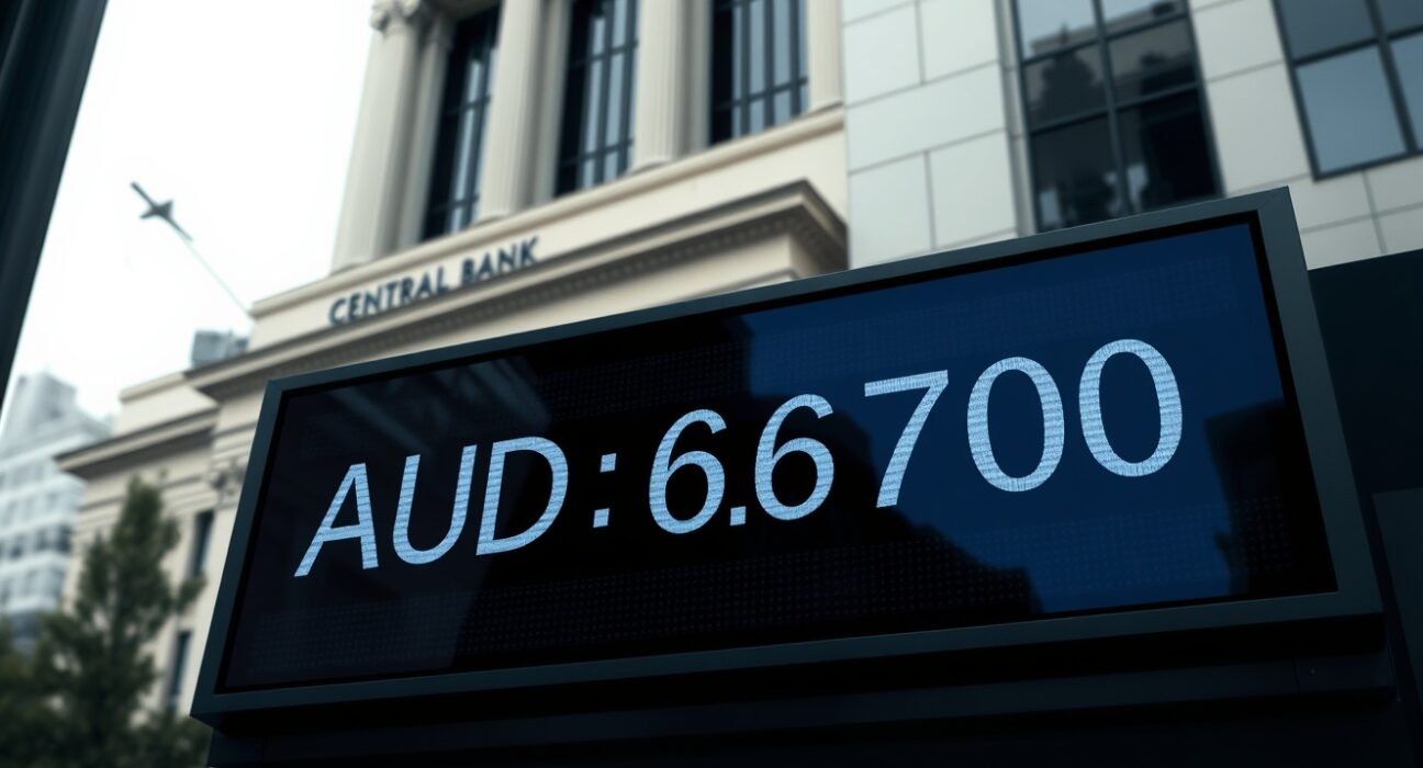 AUD/USD exchange rate board showing gains driven by hawkish RBA monetary policy path, with central bank building in background.