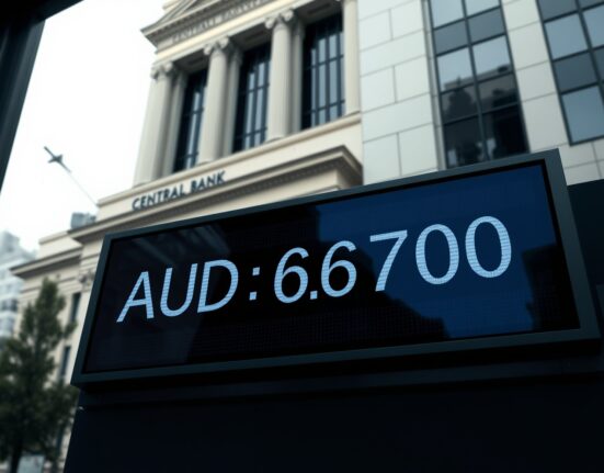 AUD/USD exchange rate board showing gains driven by hawkish RBA monetary policy path, with central bank building in background.