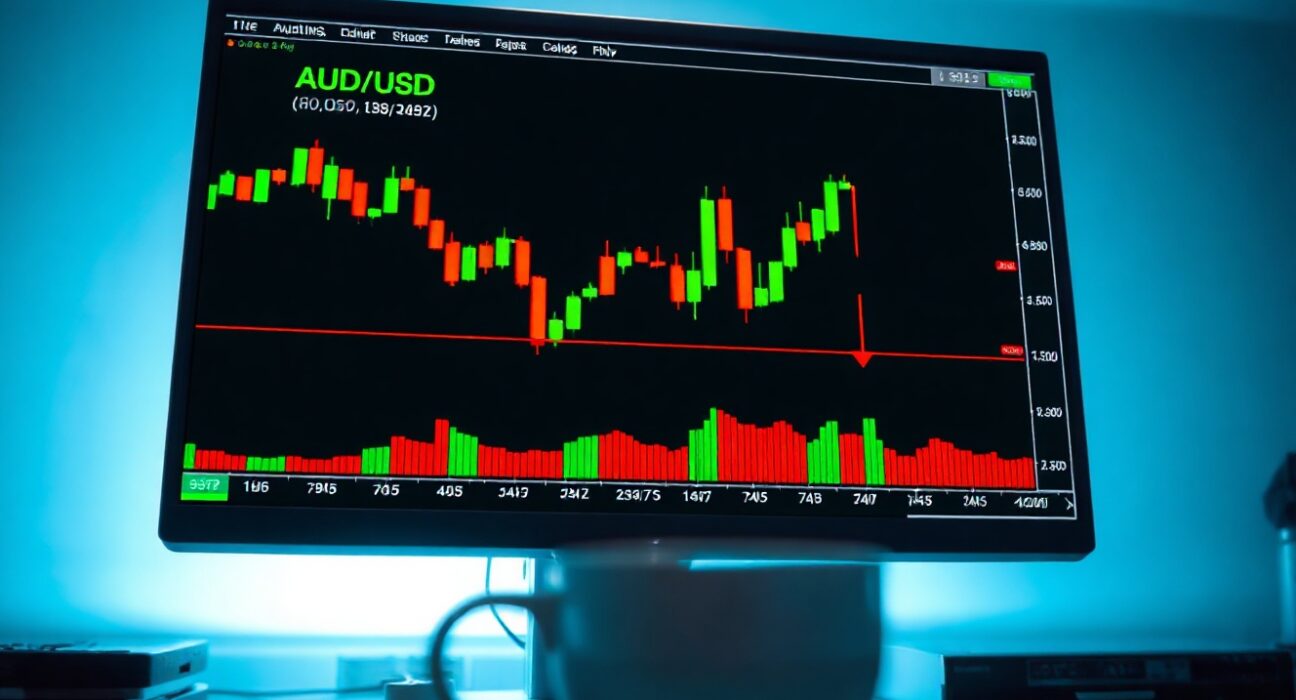 AUD/USD price chart showing a head and shoulders pattern on a trading monitor.