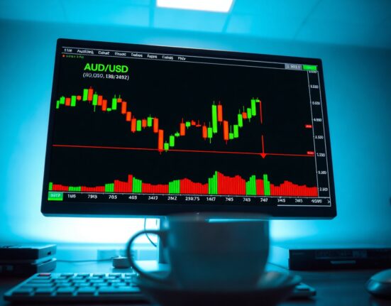 AUD/USD price chart showing a head and shoulders pattern on a trading monitor.