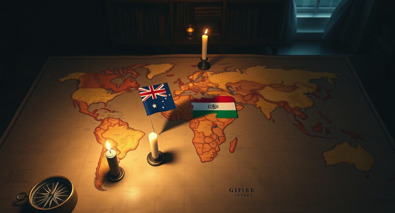 AUD/USD forex chart and world map with Australian and US flags near Iran, representing geopolitical tension impact on currency markets.