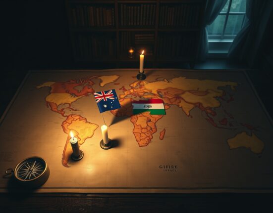 AUD/USD forex chart and world map with Australian and US flags near Iran, representing geopolitical tension impact on currency markets.