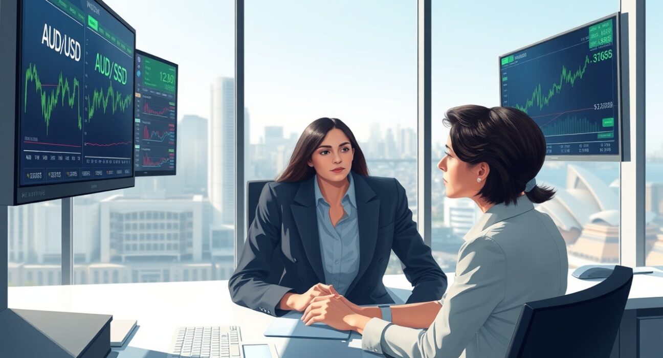 Professional trader analyzing AUD/USD currency charts with Sydney skyline backdrop, representing Australian export-driven forex performance.