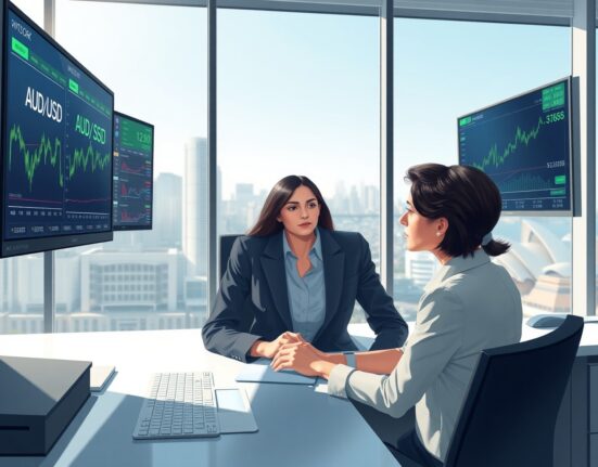 Professional trader analyzing AUD/USD currency charts with Sydney skyline backdrop, representing Australian export-driven forex performance.
