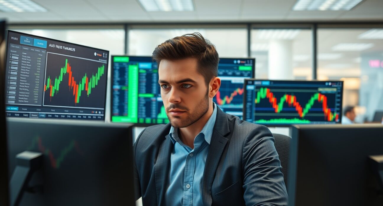 Trader analyzing AUD/USD forex charts on multiple screens in a modern office