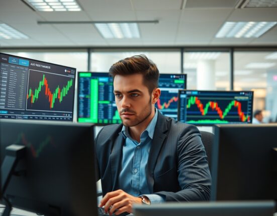 Trader analyzing AUD/USD forex charts on multiple screens in a modern office