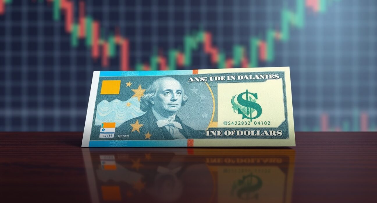 Australian and US dollar banknotes on a dark desk with soft lighting, representing AUD/USD forex trading.