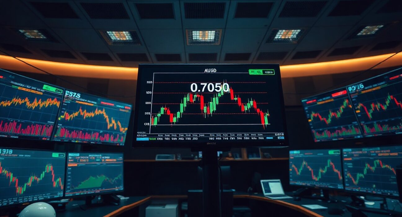 Trading desk monitors showing AUD/USD price charts near 0.7050 ahead of Federal Reserve decision