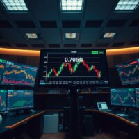 Trading desk monitors showing AUD/USD price charts near 0.7050 ahead of Federal Reserve decision
