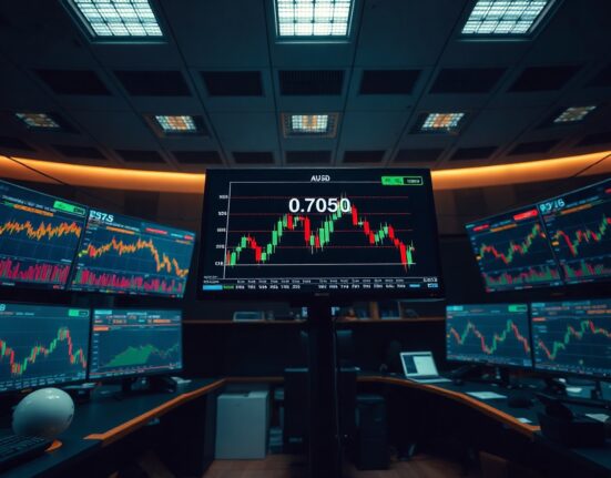 Trading desk monitors showing AUD/USD price charts near 0.7050 ahead of Federal Reserve decision