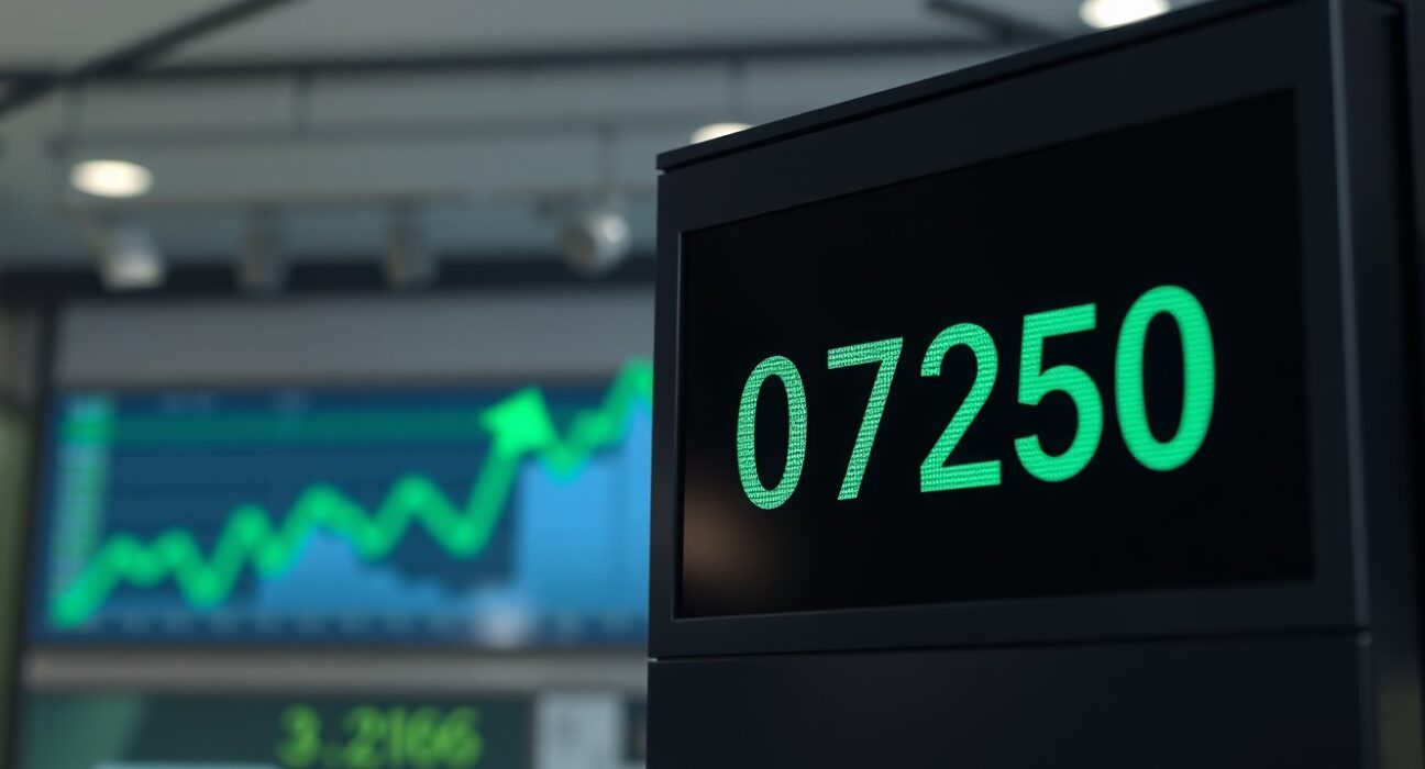 AUD/USD exchange rate board showing 0.7250 with bullish chart background