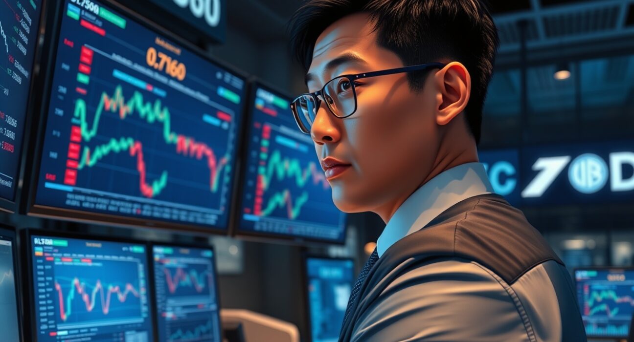 Forex trader monitoring AUD/USD exchange rate amid geopolitical tensions affecting currency markets.