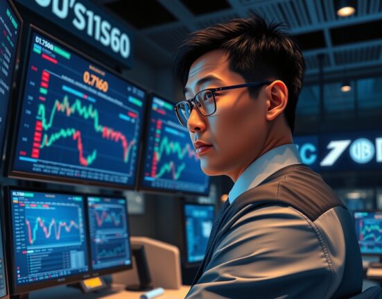 Forex trader monitoring AUD/USD exchange rate amid geopolitical tensions affecting currency markets.