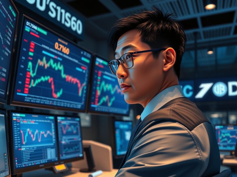 Forex trader monitoring AUD/USD exchange rate amid geopolitical tensions affecting currency markets.