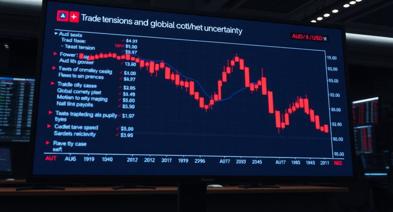 AUD/USD currency pair chart showing downward trend amid risk aversion and market uncertainty.