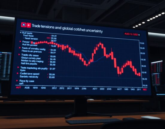 AUD/USD currency pair chart showing downward trend amid risk aversion and market uncertainty.