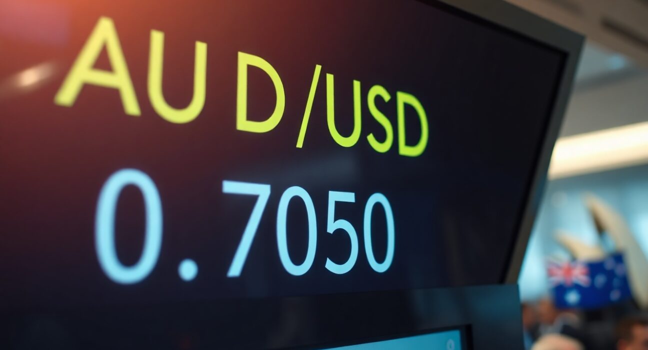 AUD/USD exchange rate displayed on a trading screen near 0.7050 ahead of RBA meeting
