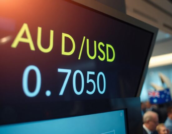 AUD/USD exchange rate displayed on a trading screen near 0.7050 ahead of RBA meeting