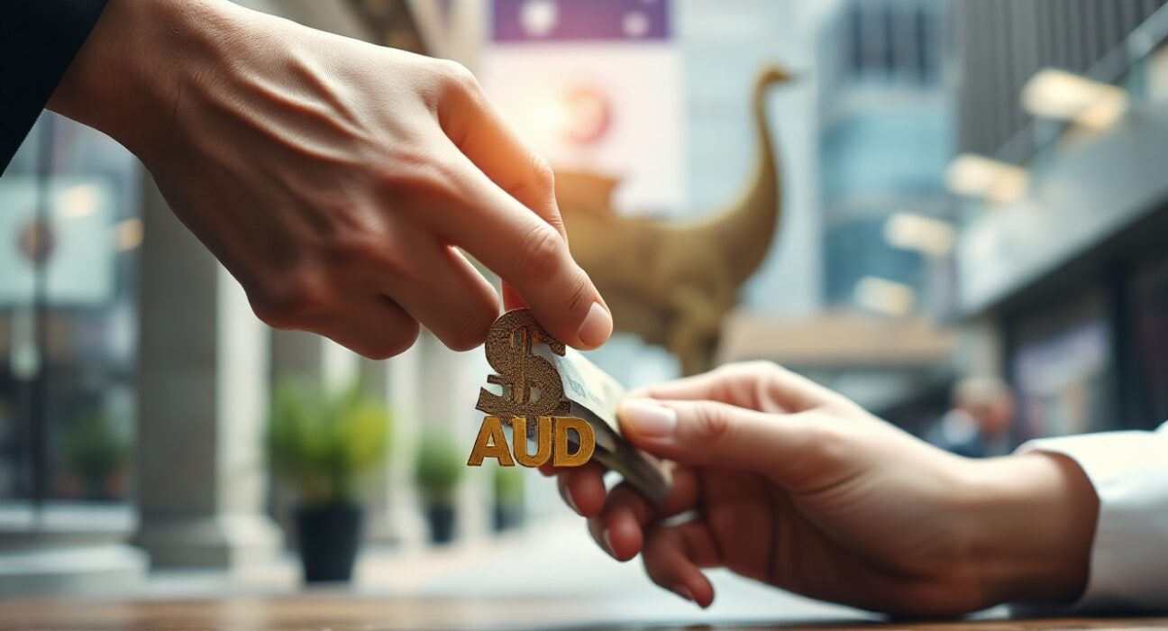 Australian Dollar currency symbol with financial district background