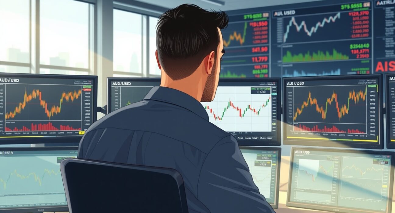 Trader analyzing AUD/USD currency pair with Australian inflation and oil price data on trading desk monitors