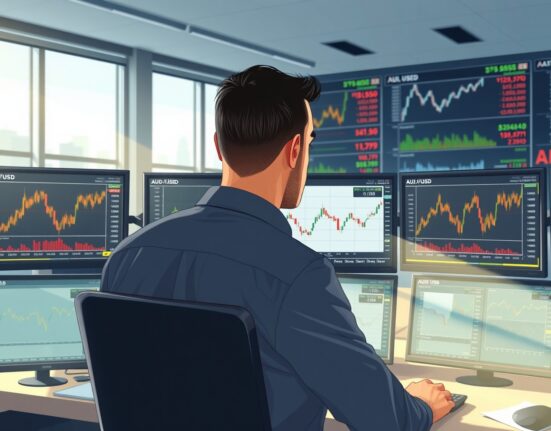 Trader analyzing AUD/USD currency pair with Australian inflation and oil price data on trading desk monitors
