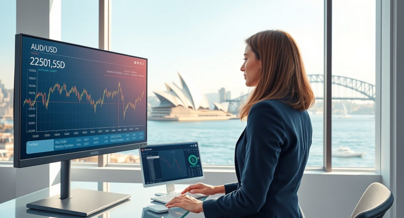 Financial analyst in Sydney examines AUD/USD exchange rate and inflation data affecting Australian dollar valuation.